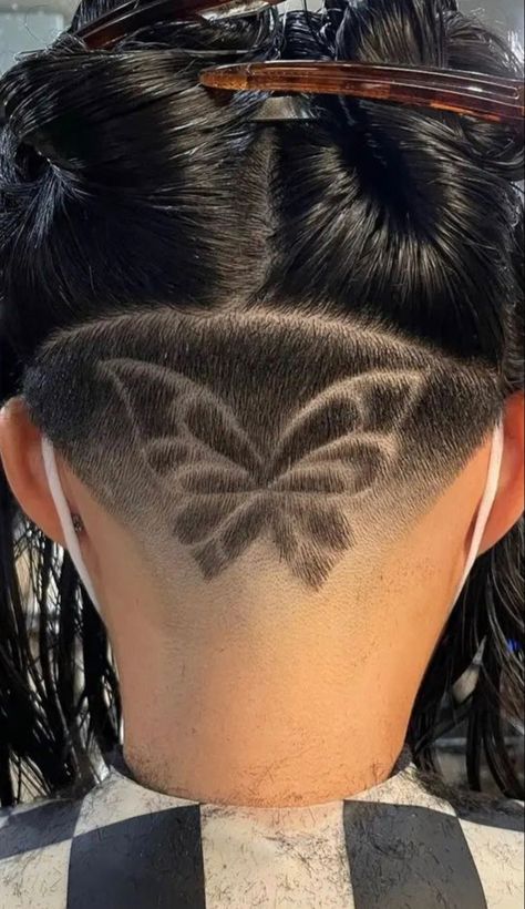 Butterfly Shaved Hair Design, Cool Undercut Designs For Women, Girly Undercut Designs, Woman Undercut Designs, Butterfly Undercut Designs, Undercut With Heart Design, Undercut With Pattern, Under Hair Shaved Designs For Women, Undercut Ideas Design