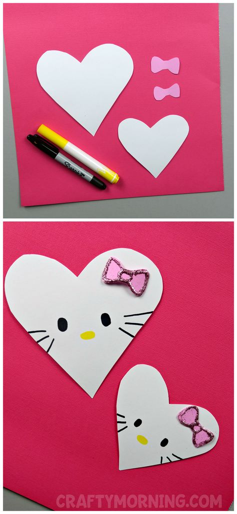 Make heart shaped hello kitty valentine crafts with the kids! Cute art project idea for valentines day. (heart shape animal craft) Hello Kitty Heart, Cute Art Projects, Easy Valentine Crafts, Valentine Picture, Hello Kitty Crafts, Valentine's Day Crafts For Kids, Valentines Day Crafts, Valentine Activities, Valentine Crafts For Kids