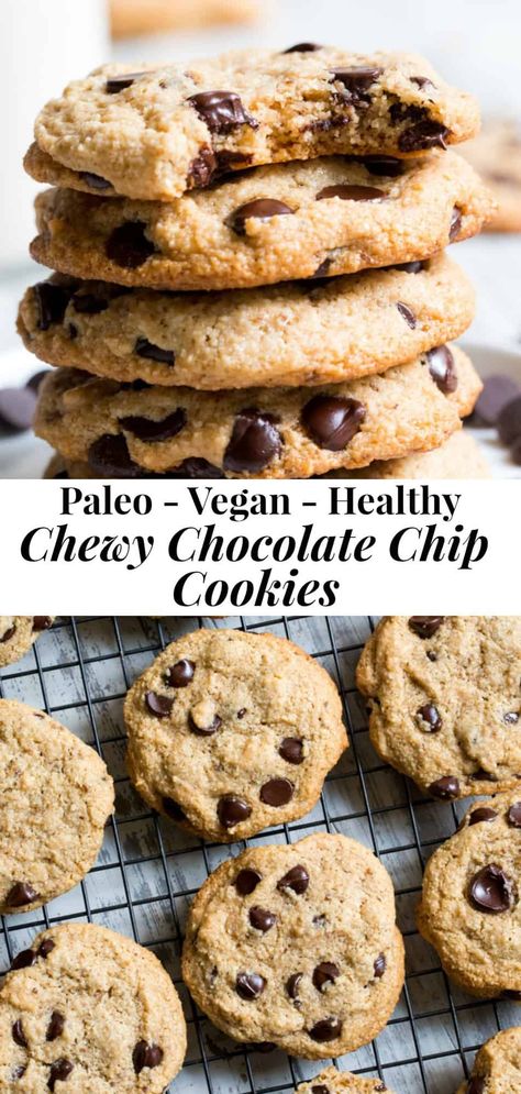 These chewy chocolate chip cookies are hands down the best!  They also just happen to be healthy,  gluten free, paleo, dairy free and vegan too.   This family favorite is a go-to whenever you're craving a good homemade chocolate chip cookie, and they're the perfect dessert to bring to a party or serve to guests! #glutenfree #vegan #paleo Best Chewy Chocolate Chip Cookies, Paleo Chocolate Chip Cookies, Healthy Chocolate Chip Cookies, Paleo Cookies, Paleo Recipes Dessert, Gluten Free Chocolate Chip Cookies, Paleo Baking, Vegan Chocolate Chip Cookies, Healthy Chocolate Chip