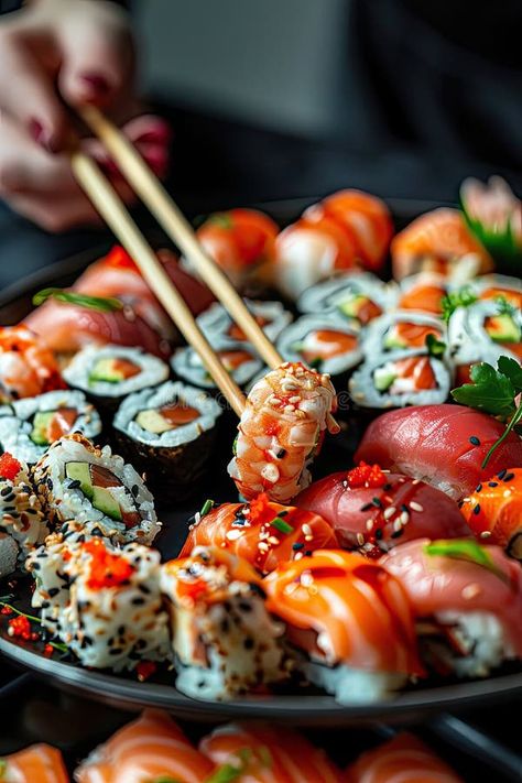 Close-up of sushi with chopsticks. Selective focus stock photography Sushi Photography, Sushi Photo, Aesthetic Sushi, Photography Focus, Sushi Aesthetic, Trend Tiktok, Drink Photography, Food Drink Photography, Forever Friends