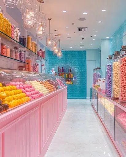 ↑↑↑ Larger size on website 🔸 A brightly lit candy store with pink and white walls and a blue tiled backsplash. The store is fille Candy Store Decor, Candy Store Design Interior, Pink And White Walls, Candy Store Design, Popcorn Shop, Cute Store, Candy Display, Glass Display Case, Display Cases