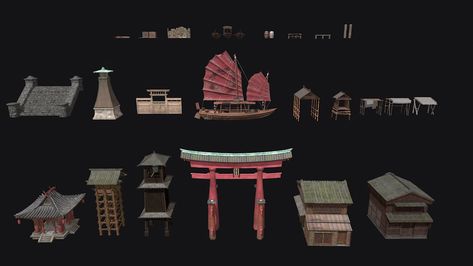 Creating an Immersive Japanese Environment in UE4: Props Japanese Props, Japanese Environment, Japanese Garden Art, Game Landscape, Japan Village, Garden Props, Environment References, Anime Land, Scare Crow