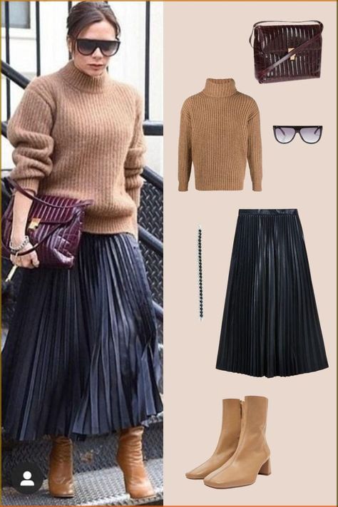 Pleat Leather Skirt Outfit, Knit Dress Boots Outfit, 2024 Fall Skirt Outfits, Caramel Boots Outfit Winter, Style Long Skirt Winter, Camel Turtleneck Sweater Outfit, Pleated Skirt Sneakers Outfit, Fall Outfits Skirts Boots, Plated Skirt Outfit Black Women