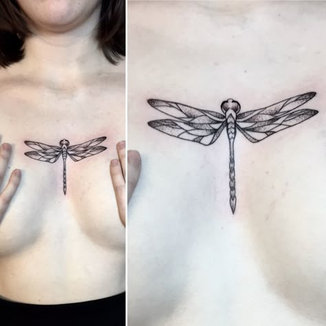 Dragonfly Tattoo Between Chest, Dragonfly Tattoo Chest For Women, Dragonfly Thigh Tattoos Women, Dragonfly Tattoo On Chest, Goth Dragonfly Tattoo, Dragonfly Chest Tattoo Female, Dragon Fly Chest Tattoo, Dragonfly Tattoo Chest, Dragonfly Chest Tattoo