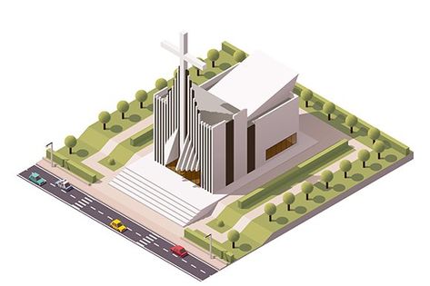 Vector isometric modern church by tele52 on @creativemarket Mosque Design Concept, Modern Church Architecture, Modern Church Design, Ecumenical Church, Church Building Plans, Church Design Architecture, Church Building Design, Church Interior Design, Mosque Design