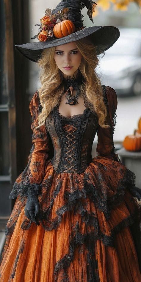 Orange And Black Witch Costume, Orange Witch Aesthetic, Fantasy Witch Outfit, Orange Witch Costume, Traditional Halloween Costumes, Witch Gown, Halloween Costumes Fashion, Halloween Fashion Outfits, Witches Night