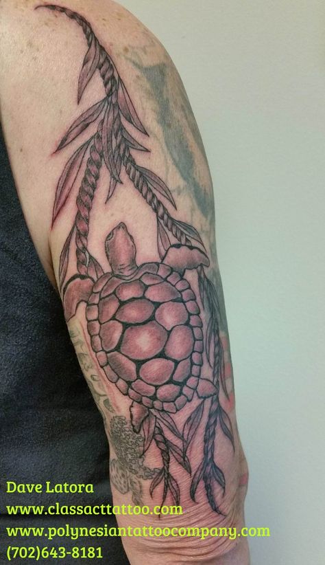 Honu with ti leaf lei. #honu #tileaf #tileaflei #polynesiantattoo #tattoo #turtletattoo Maile Leaf Lei Tattoo, Ti Leaf Lei Tattoo, Ti Leaf Tattoo, Kirituhi Tattoo, Lei Tattoo, Ti Leaf Lei, Maui Tattoo, Maile Lei, Do Tattoo