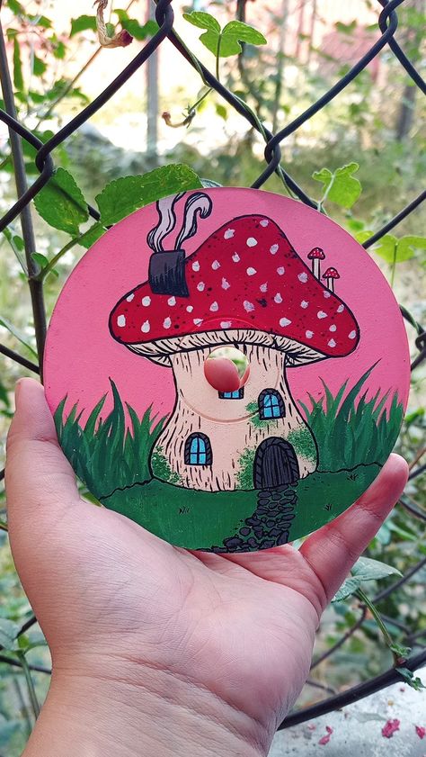 Cd Painting, Mushroom Paint, Circle Painting, Cd Art, Mushroom House, Painting Inspo, Easy Paintings, Art Paint, House Painting