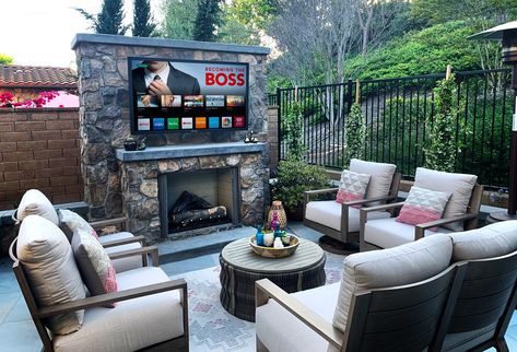 Outdoor TV Pictures | SkyVue Outdoor TV Photo Gallery SkyVue Outdoor Televisions Gazebo With Tv Outdoor Spaces, Backyard Fireplace With Tv, Outdoor Fireplace And Tv, Outdoor Television Ideas Patio, Outdoor Tv Ideas Patio Design, Outdoor Fireplace With Tv, Outdoor Tv Wall, Outdoor Tv Ideas, Outdoor Tv Area