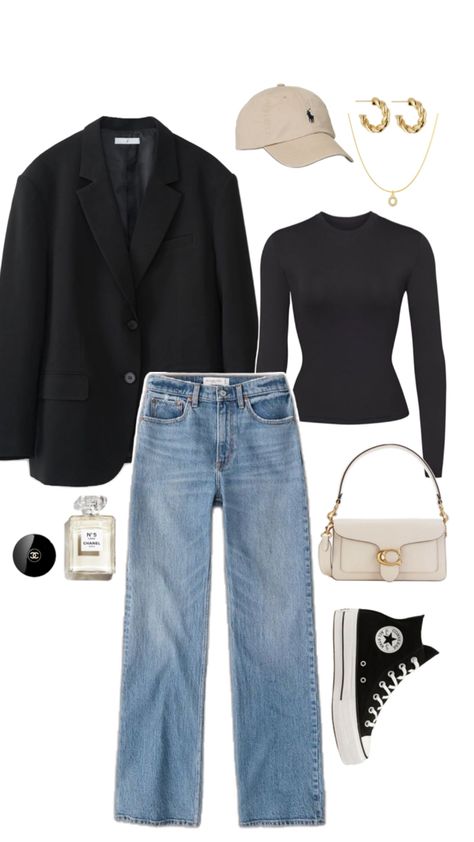 Ralph Lauren Outfits Women, Black Jeans Outfit Spring, Straight Jeans Outfit, Office Jacket, Ralph Lauren Cap, Black Blazer Outfit, Spring Outfit Idea, Straight Leg Jeans Outfits, Jeans Outfit Fall