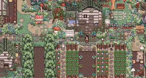 Stardew Valley Natural Farm Layout, Stardew Valley Vineyard, Stardew Valley Paths, Stardew Valley Farmer Outfit, Cottagecore Farm, Stardew Farms, Stardew Valley Farms, Stardew Valley Layout, Farm Games