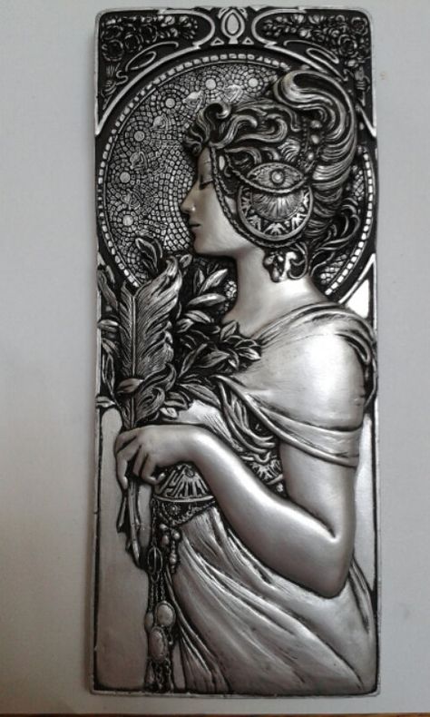 Art nouveau mucha style wall decor plaques by Bellacraftworks Tin Foil Crafts, Tin Foil Art, Metal Embossing Art, Art Nouveau Mucha, Art Nouveau Interior, Pewter Art, Metal Embossing, Coin Art, Metal Etching