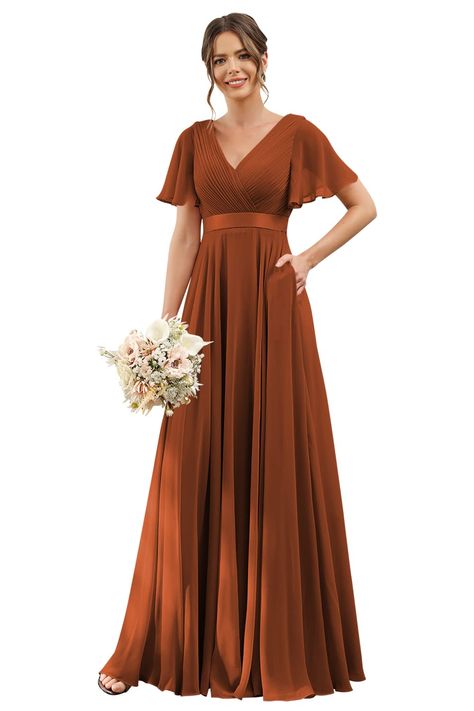 Long Sleeve Bridesmaid Dress Fall, Formal Dress With Pockets, Kerala Engagement Dress, Burnt Orange Bridesmaid Dresses, Orange Bridesmaid Dresses, Fall Bridesmaid Dresses, Bridesmaid Dresses With Sleeves, Simple Gowns, Dressy Casual Outfits