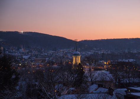 A wintry twilight in Bethlehem, Pennsylvania. Downtown Shopping, Bethlehem Pennsylvania, Holiday Lights Display, Christmas Events, Historic Downtown, Lehigh Valley, Winter Light, Covered Bridges, Bethlehem