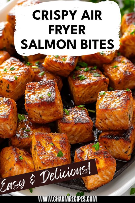 Discover the joy of making crispy air fryer salmon bites that are perfect for a healthy snack or appetizer. These tender pieces of seasoned salmon are not only quick to prepare but also packed with flavor and nutrients. Simply coat them with your favorite spices, air fry until golden, and enjoy this delicious alternative to traditional fried snacks. Great for parties or a cozy night in, these salmon bites are a tasty way to incorporate nutritious seafood into your diet. Try adding dips for extra zing! Pan Fried Salmon Bites, Air Fried Salmon, Macaroni Spaghetti, Seasoned Salmon, Fried Snacks, Cajun Salmon, Air Fryer Salmon, Salmon Bites, Pan Fried Salmon