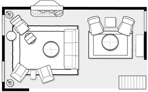 What about splitting the room into two areas? Chair and side table (lamp) in the window corner, with its own smaller rug then small sofa/loveseat in middle of room with path behind to porch and two more chairs facing it, this grouping would have its own rug- TV mounted on wall, side chairs can turn when they are watching. Decorating A Long Living Room, Long Living Room Layout, Large Living Room Layout, Long Narrow Living Room, Rectangular Living Rooms, Corner Chairs, Long Living Room, Narrow Living Room, Living Room Furniture Layout