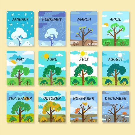 Free vector hand drawn months of the yea... | Free Vector #Freepik #freevector #months-year #label-collection #badge #bundle Months Of The Year Board Ideas, Month Of The Year Chart For Preschool, Month Chart, Months In English, Name Of Months, Seasons Chart, Seasons Lessons, Calendar Advent, Fruit Crafts