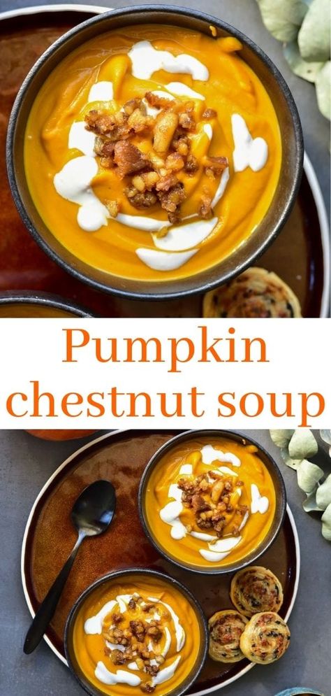 Flavorful and warming pumpkin soup with ginger, chestnuts, and brown butter. Topped with yogurt and caramelized chestnuts. It's delicious!