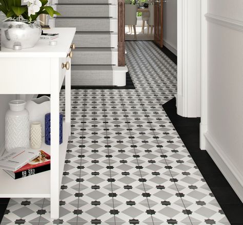 Add a classic Victorian look to your hallway with Retromix star patterned tiles 🌟 Kitchen With Black And White Tile Floor, Front Door Tile Entryway, Tiled Hallway Floor, Hallway Tiles, Hallway Tiles Floor, Entryway Tile, Tiled Hallway, Patterned Tiles, House Staircase