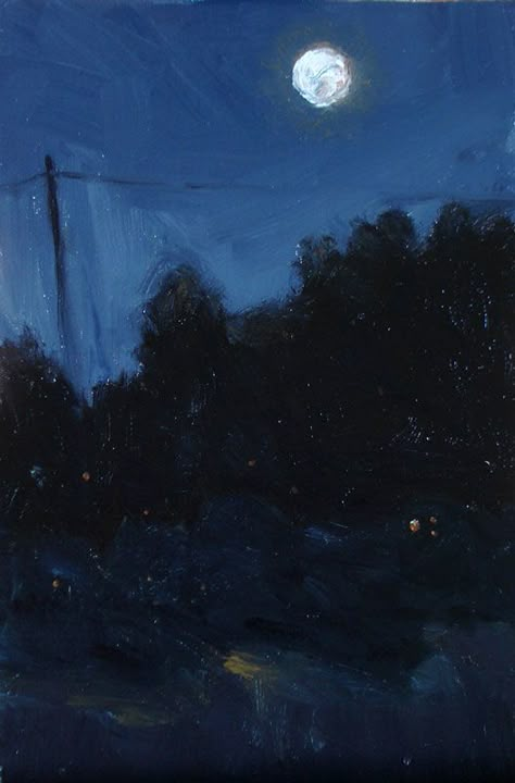 4x6 oil on linen nocturne painting. Blue Vintage Painting, Night Sky Oil Painting, Dark Night Sky Painting, Nocturne Paintings, Dark Blue Painting, Cold Painting, Ethereal Blue, Simple Oil Painting, Dark Paintings