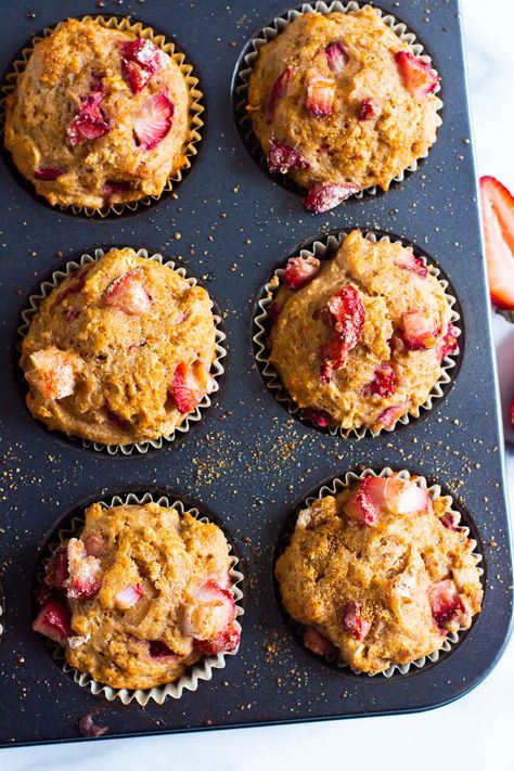 Healthy Strawberry Muffins, Fig Breakfast, Strawberry Oatmeal Muffins, Muffins With Greek Yogurt, Figs Breakfast, Strawberry Muffins Healthy, Strawberry Rhubarb Muffins, Greek Yogurt Muffins, Roasted Strawberry