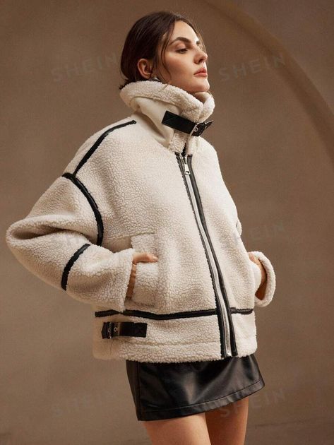 Anewsta Lamb Cashmere Leather Patchwork Loose Short Jacket | SHEIN USA Fur Jacket Women, Biker Look, Mode Mantel, Wool Jackets Women, Casual Chique, Motorcycle Women, Long Sleeves Coats, Cotton Coat, Solid Clothes