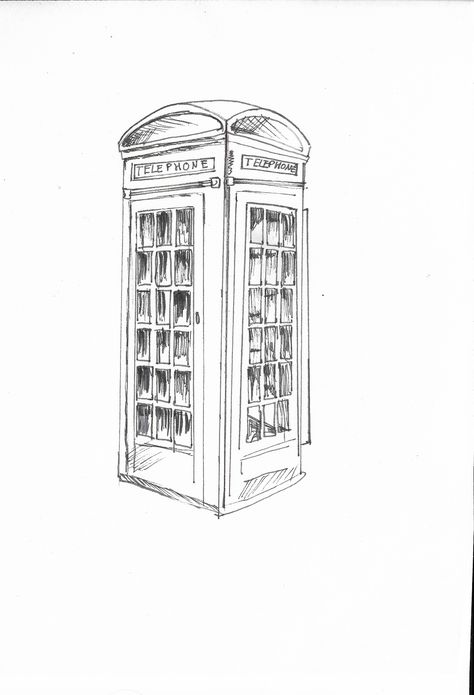 Ink Wash Telephone Box Black and white Illustration Sketch Biro Fineliner Messy Rushed Easy London Aurora Carter, London Sketch, Biro Drawing, London Drawing, Pen Sketches, Fineliner Art, Architecture Sketches, Building Sketch, Linocut Printmaking