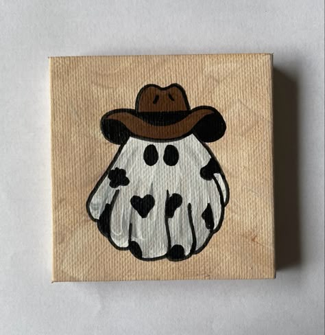 Simple Cowboy Paintings, Cowboy Ghost Painting, Cool Simple Paintings On Canvas, Panting Photo Ideas Easy, Western Painting Ideas On Canvas, Western Painting Ideas Easy, Simple Halloween Paintings, Western Painting Canvas, Cow Room