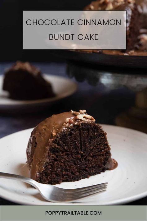 A slice of chocolate cinnamon Bundt cake sits on a white plate on a black background.  In the distance sits the rest of the cake on a pedestal. Cinnamon Bundt Cake, Italian Beef Sandwiches, Strawberry Waffles, Texas Sheet, Rich Cake, Texas Sheet Cake, Chocolate Bundt Cake, Chocolate Icing, Cinnamon Flavor