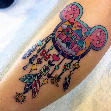 @melvin_arizmendi on Instagram: “Disney charm dream catcher. Thank you Dian 🌈💖✨” Disney Foot Tattoo, Dotwork Tattoo Mandala, Disney Sleeve Tattoos, Colorful Tattoo, Ink Therapy, Cute Tattoo, Dream Catcher Tattoo, Tasteful Tattoos, Disney Tattoo