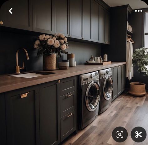 Black Washing Machine Laundry Rooms, Black And Wood Laundry Room, Black Laundry Room Cabinets, Aesthetic Laundry Room, Black Laundry Room, Western Houses, Black Laundry, House Flipper, Mountain Modern Home