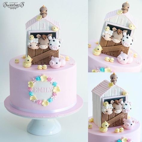 Girl Farm Birthday Party, Girls Farm Birthday, Farm Birthday Cakes, Farm Animal Cakes, Animals Cake, Animal Birthday Cakes, Barnyard Birthday Party, Farm Cake, Happy 1st Birthday