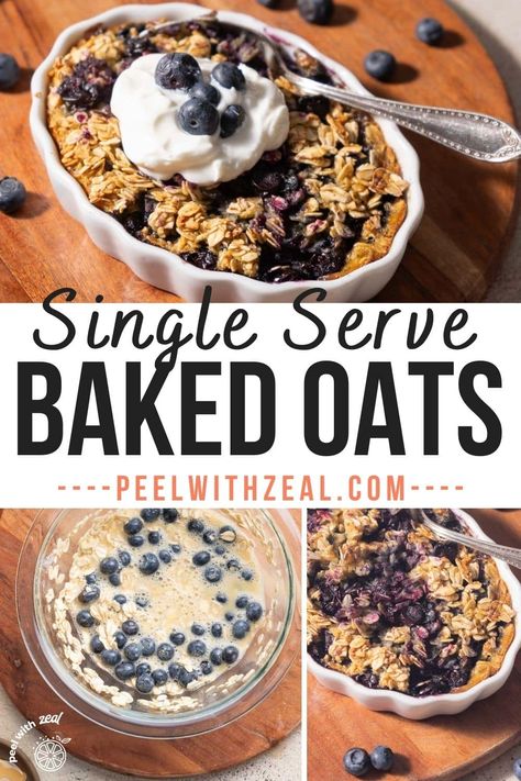 Single Serve Baked Oatmeal This baked oatmeal recipe for one is lightly sweet, soft, and chewy. Fresh blueberries, old-fashioned oats, and maple syrup come together for an easy and nutritious recipe. It's a delicious breakfast you'll love waking up to every morning! Baked Oatmeal For One Microwave, Blueberry Oats Bake, Healthy Baked Oatmeal For One, Clean Eating Oatmeal Recipes, Baked Egg White Oatmeal, Single Serve Oatmeal Bake, Single Baked Oatmeal, Baked Oatmeal Individual, Baked Oatmeal For Two