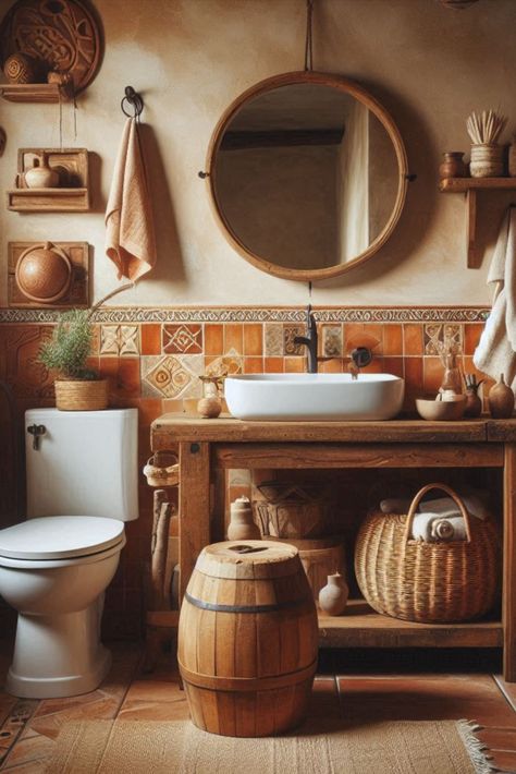 Bring Mediterranean warmth to your bathroom with this rustic terracotta and cream combination. Sun-kissed colors for a cozy retreat. #MediterraneanStyle #TerracottaBathroom Meditteranean Bathroom Ideas, Terra Cotta Bathroom, Mexican Style Bathroom, Mediterranean Style Bathroom, Orange Cabinets, Bathroom Color Palette, Limewash Walls, Tuscan Bathroom, Mexican Bathroom