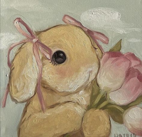 Pastel Artwork Aesthetic, Pink Vintage Prints, Coquette Animals Painting, Cute Character Paintings, Floppy Eared Bunny Drawing, How To Paint A Bunny, Art Ideas Clay, Coquette Painting Ideas Simple, Cute Pastel Drawings