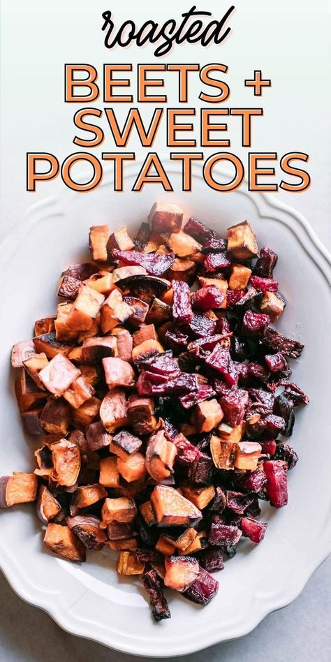 Roasted Beets and Sweet Potatoes, a simple roasted vegetable side dish combining the sweetness of sweet potatoes with the earthy flavor of beets. A delicious flavor pairing that's perfect as a side dish, salad topping, or even in a smoothie! Beet Sweet Potato Recipe, Red Beets Recipe Side Dishes, Roasted Beets And Sweet Potatoes, Beets Sweet Potato, Beets And Sweet Potatoes, Red Beets Recipe, Red Sweet Potato, Side Dish Salad, Grilled Beets