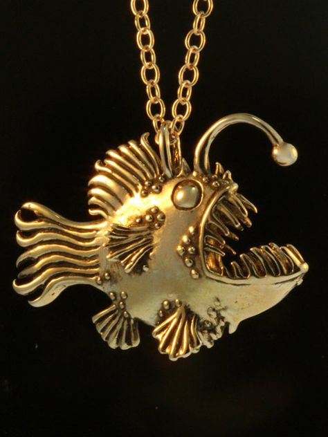 Fish Necklace Angler Fish Necklace Bronze Fish Pendant Large Angler Fish Pendant Fish Jewelry Lantern Fish Animal Jewelry Fish Charm Diver Lantern Fish, Fish Monster, Scary Fish, Fish Lanterns, Fish Animal, Magic Charms, Bijoux Art Nouveau, Fish Jewelry, Fish Necklace