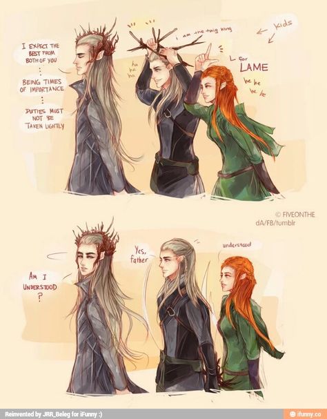 Haha Legolas And Tauriel, Legolas And Thranduil, Lotr Funny, Hobbit Art, Into The West, Lotr Art, Film Anime, Tauriel, Thranduil