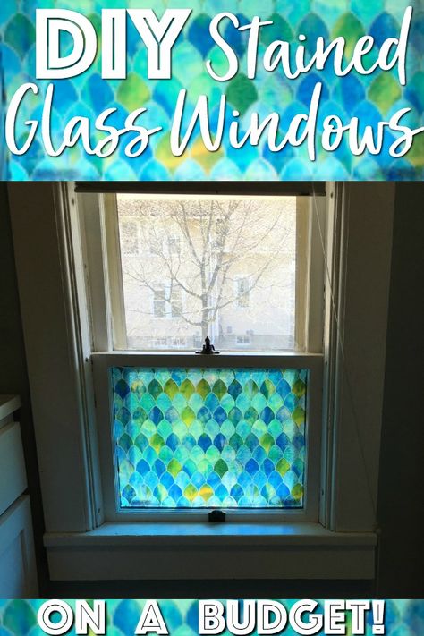 DIY Stained Glass Windows on a budget! Add stunning flare and privacy to your home with this easy DIY Stained Glass Windows project on a tight budget! Mercury Glass Lamp, Diy Stained Glass Window, Diy Staining, Glass Lamp Base, Stained Glass Window Film, Solid Wood Dresser, Hells Kitchen, Stained Glass Diy, Faux Stained Glass