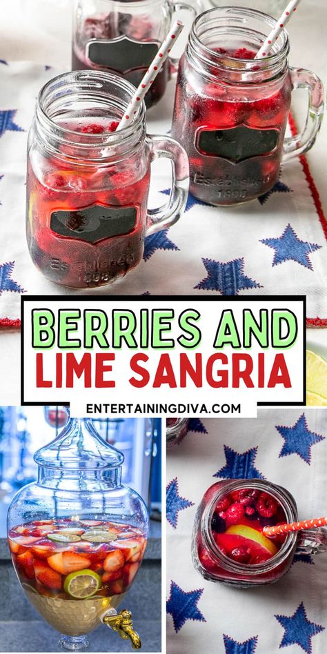 For a light and tasty summer cocktail, this berries and lime sangria recipe can't be beat. Made with fresh berries and rose wine, it's perfect for a 4th of July cookout or any summer get-together. Sangria Summer, Best Sangria Recipe, Sangria Punch, Easy Sangria Recipes, Yummy Summer Cocktails, Types Of Berries, Lemon-lime Soda, Perfect Summer Drink, Party Cocktails