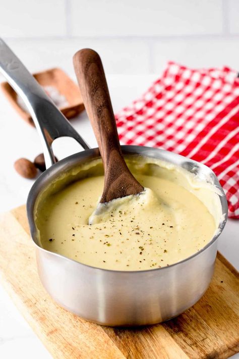 This Bechamel Cheese Sauce is the most easy, cheesy sauce for steamed vegetable or casserole. It's a French-inspired recipe that can be easily made in less than 15 minutes with gluten-free option. Beschemell Sauce Recipe, Beschmell Sauce, Bachemelle Sauce, Bechamel Cheese Sauce Recipe, Cheesy Bechamel Sauce, Vegan Gratin, Bechamel Sauce Recipe Pasta, Gluten Free Bechamel Sauce, Celtic Cooking