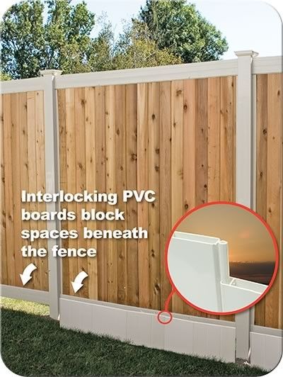 Gaps Under Fence Ideas, Vinyl Fence Landscaping, Dog Proof Fence, Fences Ideas, Landscaping Along Fence, Backyard Transformation, Outdoor Living Deck, Pvc Fence, Backyard Swings