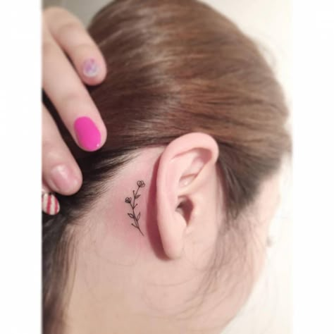 Flower Tattoo Ear, Fine Line Flowers, Aunt Tattoo, Playground Tattoo, Line Flowers, Hebrew Tattoo, Protection Tattoo, Behind Ear Tattoos, Lavender Tattoo