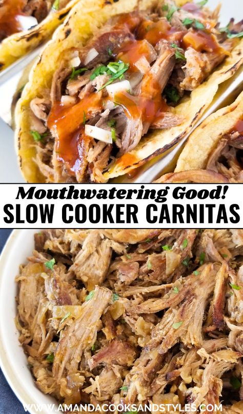 Slow Cooker Pork Carnitas is a Mexican style slow cooked pulled-pork served on burritos, tacos, salads, nachos and more. It is melt in your mouth delicious! Healthy Pork Loin Recipes Instant Pot, Easy Pork Carnitas Slow Cooker, Shredded Pork Tacos Crockpot, Pork Tacos Crockpot Carnitas, Pork Butts In The Crock Pot Carnitas, Pork Shoulder Recipes Crock Pot, Pulled Pork Tacos Crock Pot Recipes, Crockpot Pork Shoulder, Crockpot Pork Carnitas