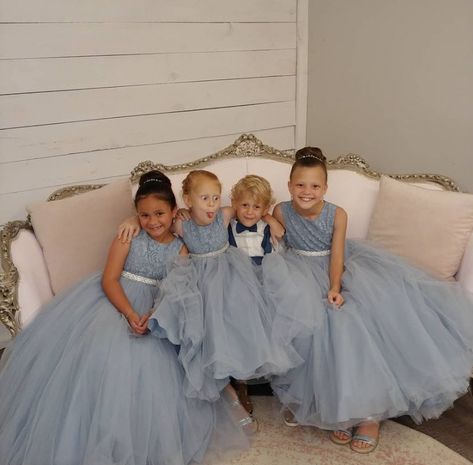 Blue And Peach Bouquet, Blue Wedding Theme Flowers, Dusty Blue Flower Girl, Color Schemes Blue, Wedding Color Schemes Blue, Cinderella Wedding Theme, Blue Abaya, Blue And Blush Wedding, Kids Flower Girl Dresses