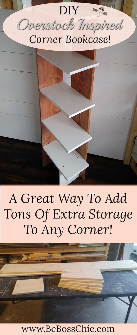 A Great Way To Add Tons Of Extra Storage, Find out how to build this simple DIY Corner Bookcase! #HomeDecor #DIYFurniture #DIYBookcase #Interiorstyle Decorate Empty Wall, Diy Corner Shelf, Bookcase Plans, Bookcase Diy, Diy Wall Shelves, Bookshelf Design, Simple Furniture, Home Decoration Ideas, Bookshelves Diy