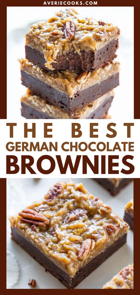 The Best German Chocolate Brownies — Rich, ultra fudgy brownies topped with the best German chocolate frosting!! Sinfully delicious! Easy, no-mixer recipe that's an automatic hit with everyone!! German Chocolate Frosting, German Chocolate Brownies, Cake Brownie, Averie Cooks, Brownies Chocolate, Brownie Toppings, Oreo Dessert, German Chocolate, Fudgy Brownies