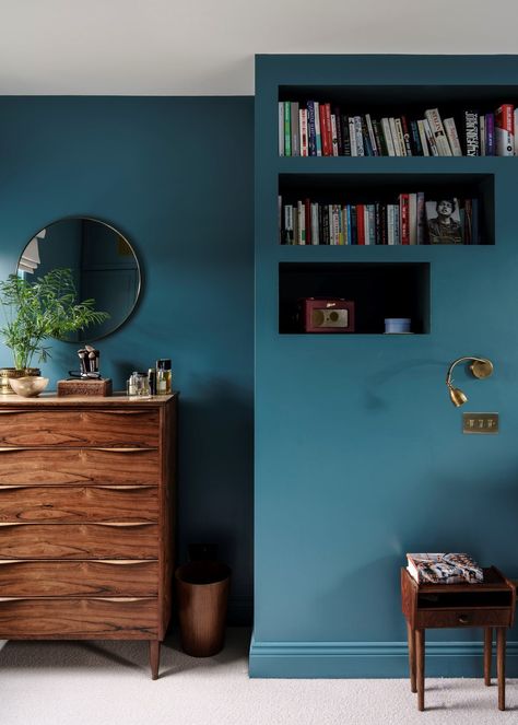 Farrow & Ball Sloe Blue no. 87 Living Room Cupboards, 1930s Semi, Wimborne White, Inchyra Blue, Oval Room Blue, Modern Family Home, Blue Accent Walls, Red Sandstone, Inside Cabinets