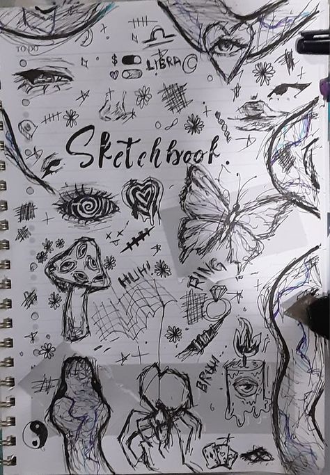 ....<3..^_^ . First page of sketchbook .... #drawingideas #sketch #drawingbase #drawingbodyposes #drawing Wierdcore Grunge Drawings, Grunge Aesthetic Painting, Sketches Aesthetic Grunge, Fairy Grunge Drawing, First Page Of Sketchbook, Grunge Artwork, Weird Core, Ballpoint Pen Art, Grunge Posters