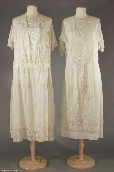 TWO EMBROIDERED & LACE TEA GOWNS, 1920s Both white cotton w/ embroidery & filet lace insertions: 1 tulle, H 39", L 48", (black pin dots buy embroidery, seam openings, small holes) very good; 1 cotton lawn, B to 42", H 43", L 48", (left side 1 hole & tiny scattered stains) very good.